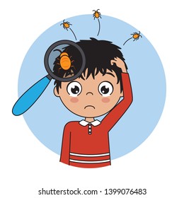 Child crying with lice on the head. Vector isolated