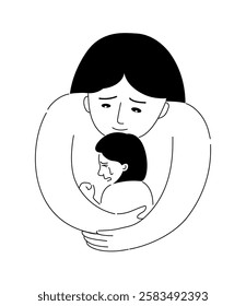 Child crying on mother hug in outline hand drawn.