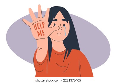 Child Crying And Showing Palm Of The Hand With The Phrase Help Me Vector Isolated. Stop Child Abuse Banner. Innocent Girl Seeking For Help. Victim Of A Parental Abuse.