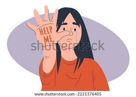 Child crying and showing palm of the hand with the phrase help me vector isolated. Stop child abuse banner. Innocent girl seeking for help. Victim of a parental abuse.