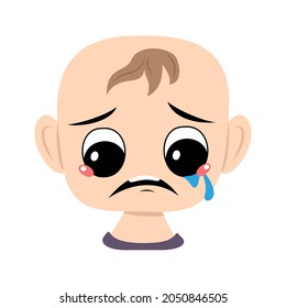 Child with crying and tears emotion, sad face, depressive eyes. Head of cute baby with melancholy expression