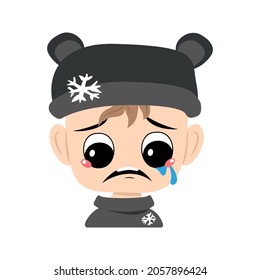 Child with crying and tears emotion, sad face, depressive eyes in bear hat with snowflake. Head of cute child with melancholy expression in carnival costume or winter headdress. Head of adorable kid