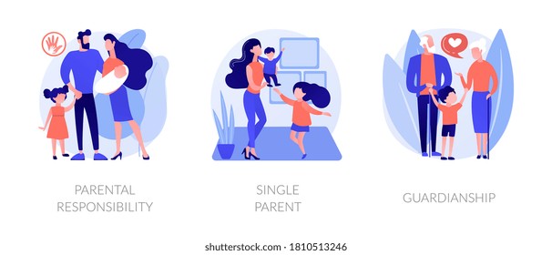 Child custody abstract concept vector illustration set. Parental responsibility, single parent, guardianship, social roles, child care, foster parenting, legal guardian authority abstract metaphor.