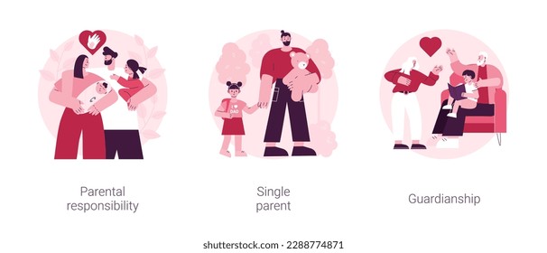 Child custody abstract concept vector illustration set. Parental responsibility, single parent, guardianship, social roles, child care, foster parenting, legal guardian authority abstract metaphor.