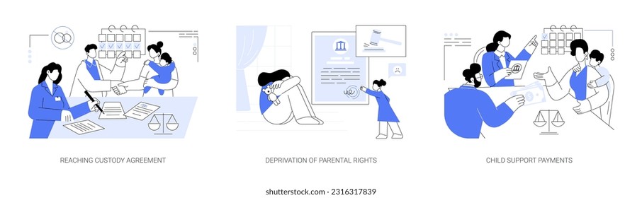 Child custody abstract concept vector illustration set. Reaching custody agreement, deprivation of parental rights, child support payments, divorced parents discuss alimony abstract metaphor.