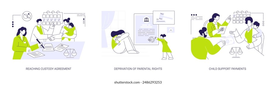 Child custody abstract concept vector illustration set. Reaching custody agreement, deprivation of parental rights, child support payments, divorced parents discuss alimony abstract metaphor.