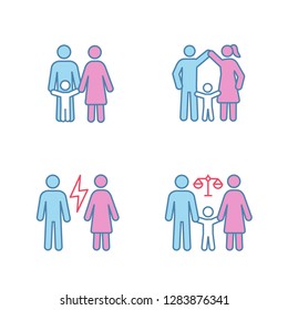 Child custody color icons set. Childcare. Happy parenting, child protection, couple, quarrel, family court. Isolated vector illustrations