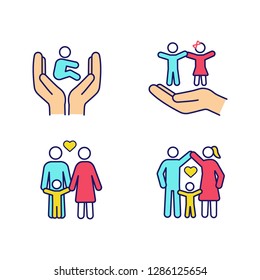 Child custody color icons set. Childcare. Children's rights and protection, happy families. Positive parenting. Isolated vector illustrations