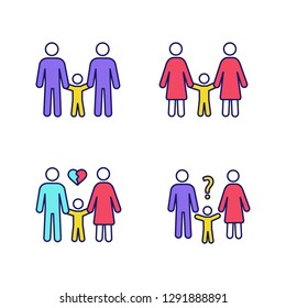 Child custody color icons set. Parenthood. LGBT families, divorce, child custody evaluation. Isolated vector illustrations