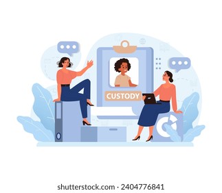 Child Custody Concept. Two women discuss custody details, with a digital representation of a child on screen. Navigating parental rights and child welfare. Flat vector illustration.