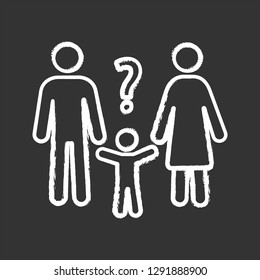 Child custody evaluation chalk icon. Parents solving problems. Confused family. Child asking why. Troubled and worrying couple. Family help. Isolated vector chalkboard illustration