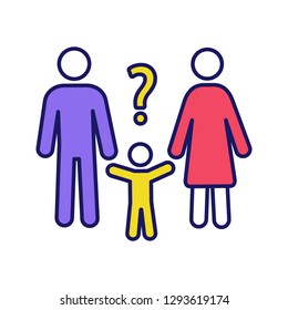 Child custody evaluation color icon. Parents solving problems. Confused family. Child asking why. Troubled and worrying couple. Parents with question mark. Family help. Isolated vector illustration