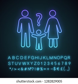 Child custody evaluation neon light icon. Parents solving problems. Confused family. Child asking why. Family help. Glowing sign with alphabet, numbers and symbols. Vector isolated illustration
