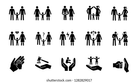 Child custody glyph icons set. Silhouette symbols. LGBT families. Adoption and orphanage. Family court. Children's rights. Vector isolated illustration