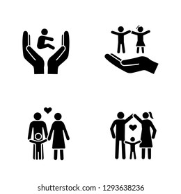 Child custody glyph icons set. Silhouette symbols. Childcare. Children's rights and protection, happy families. Positive parenting. Vector isolated illustration