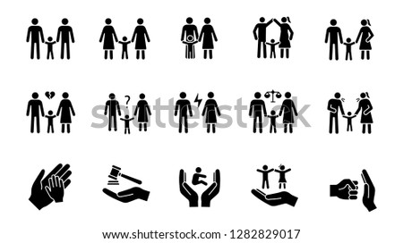 Child custody glyph icons set. Silhouette symbols. LGBT families. Adoption and orphanage. Family court. Children's rights. Vector isolated illustration