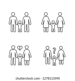 Child custody linear icons set. Thin line contour symbols. Parenthood. LGBT families, divorce, child custody evaluation. Isolated vector outline illustrations. Editable stroke