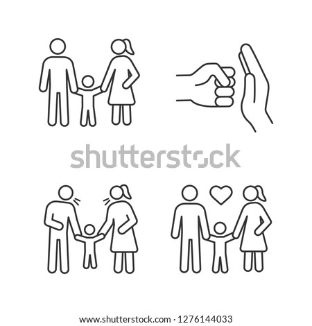 Child custody linear icons set. Thin line contour symbols. Childcare. Domestic violence, positive parenting, parents scolding child. Isolated vector outline illustrations. Editable stroke