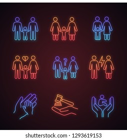 Child custody neon light icons set. Adoption and orphanage. Childcare. Gay and lesbian parents, divorce, quarrel, orphan, family court. Glowing signs. Vector isolated illustrations