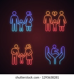 Child custody neon light icons set. Childcare. Children's rights, positive parenting, divorce, parents scolding child. Glowing signs. Vector isolated illustrations