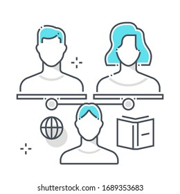 Child custody related line vector icon, illustration. The icon is about mother, father, kid, boy, girl. 