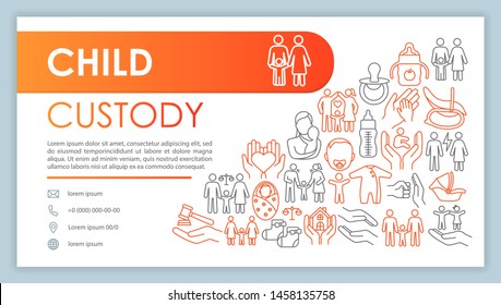 Child custody web banner, business card vector template. Adoption center contact page with phone, email linear icons. Children protection presentation, web page idea. Corporate print design layout