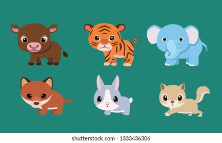 Child cute mammals. Bull, Tiger, rabbit, squirrel, Fox,