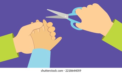 The child cuts his nails with scissors on his hands
