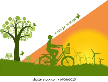 child cycling the bike ,windmill and solar panels on the grass ,Environmentally friendly world. Vector illustration of ecology