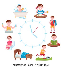 Child daily routine clocks flat vector illustration. Cartoon schedule of happy boy life from eating breakfast, going school to sleeping. Health and activity concept