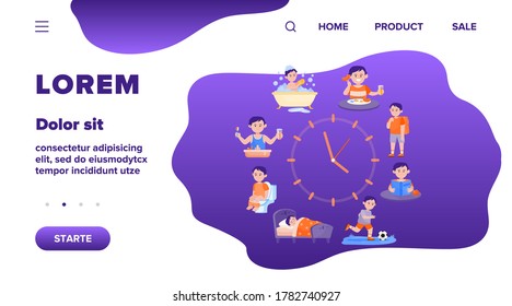 Child daily routine clocks flat vector illustration. Cartoon schedule of happy boy life from eating breakfast, going school to sleeping. Health and activity concept