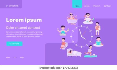 Child daily routine clocks flat vector illustration. Cartoon schedule of happy boy life from eating breakfast, going school to sleeping. Health and activity concept