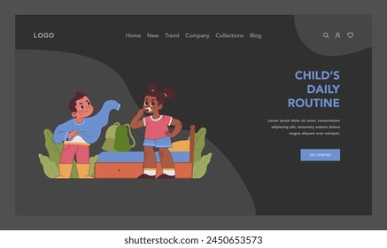 Child daily routine concept. Two playful children, morning preparation and joyful interaction. Black girl brushing teeth, little boy putting on sweater. Learning discipline. Flat vector illustration