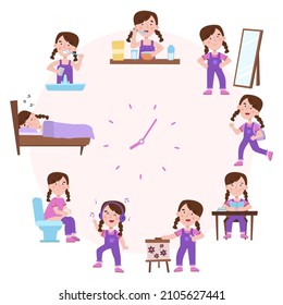 Child daily sleep and wake schedule, girl routine activities. Cute girl daily routine clock face vector illustration. Kid eating, sleeping routine. Girl wake up and sleep, schedule in childhood