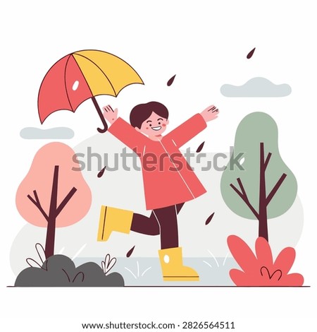 Child dances joyfully in autumn rain. Yellow boots and red coat brighten the scene. Raindrops fall gently around the child. Trees with bare branches frame the background