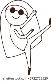 Child dancing with sunglasses, smiling stick figure kicking leg, clean line contours. Joy, confidence, energy, carefree rhythm, fun movement, youth vibe. Cartoon vector illustration.