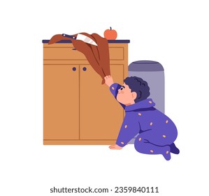 Child in danger at home kitchen. Baby kid playing alone with knife, blade. Toddler and safety, accident risk, dangerous situation. Flat graphic vector illustration isolated on white background