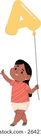 A child with dark hair holds a A letter-shaped balloon in a playful cartoon style. The kid wears a striped shirt and shorts, smiling while looking at the floating balloon. Cartoon vector illustration.