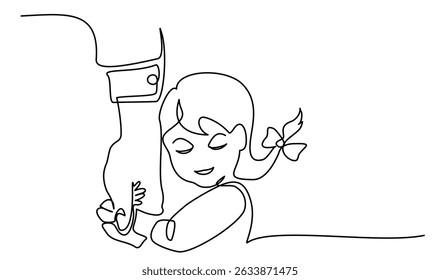 Child daughter holds hand of father with love. Fathers day card. Continuous one line illustration. Vector illustration.