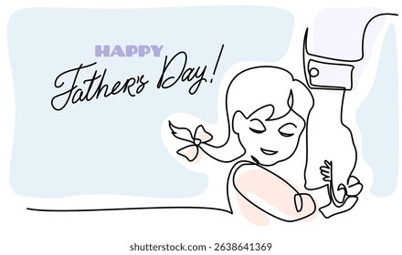 Child daughter holds hand of father with love. Fathers day card. Continuous one line illustration. Vector illustration.