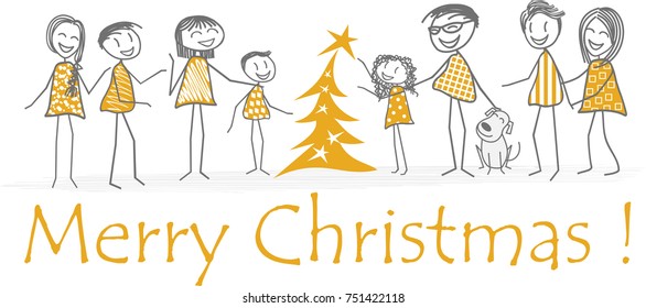 A child decorates Christmas tree helped by family and friends