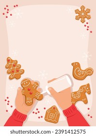 Child decorating gingerbread cookies. Kid's hands with traditional Christmas biscuits. Christmas workshop poster design with copy space