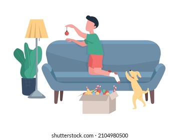 Child decorating living room for xmas semi flat color vector character. Full body people on white. Wintertime activity isolated modern cartoon style illustration for graphic design and animation