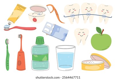 Child dental care set. Objects for brushing and teeth care. Child dentistry. Vector illustration