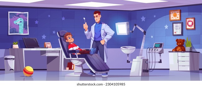 Child dental office cartoon vector. Kid boy patient in dental hospital interior to medical care for tooth illustration. Pediatric man medic check baby toothache service with smile stomatology concept