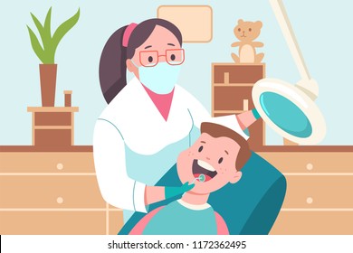 Child in a dental office. Doctor dentist and patient. Vector cartoon flat medical illustration.