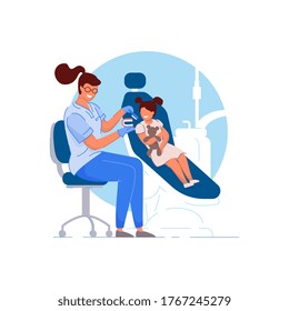 Child dentist. Doctor specialist woman teaching patient kid girl to brush teeth properly. Child person in chair visiting dentist in dental clinic office. Hygiene, healthcare, dentistry concept