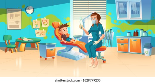 Child At Dentist Office. Little Boy Patient At Dental Clinic For Kids, Female Doctor In Medic Robe And Mask Sitting At Chair With Mirror For Teeth And Oral Cavity Checkup. Cartoon Vector Illustration