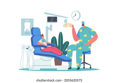 Child At Dentist Office. Little Girl Patient At Dental Clinic For Kids, Male Doctor In Funny Medic Robe Sitting At Chair With Equipment For Teeth And Oral Cavity Checkup. Cartoon Vector Illustration