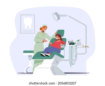 Child At Dentist Office. Little Girl Patient At Dental Clinic For Kids Sitting At Chair With Equipment For Teeth And Oral Cavity Checkup. Stomatology Female Doctor Medic. Cartoon Vector Illustration